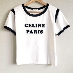 NEW CELINE PARIS BOXY COTTON JERSEY T-SHIRT M ECRU / BLACK